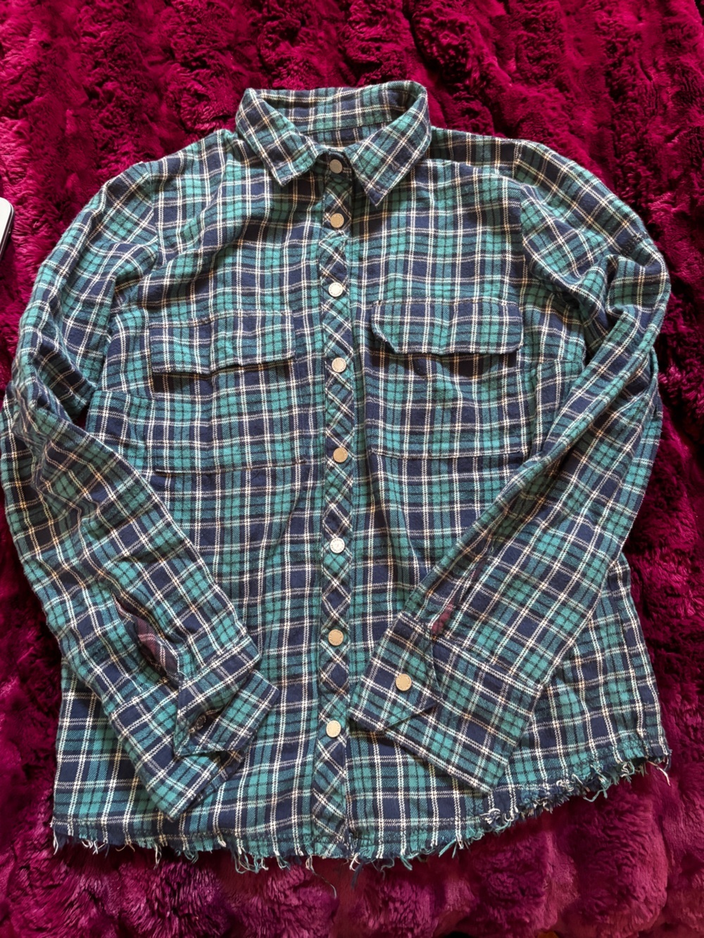 Zadig & Voltaire Green and Navy Plaid flanbel Button-Up Shirt skull design back
